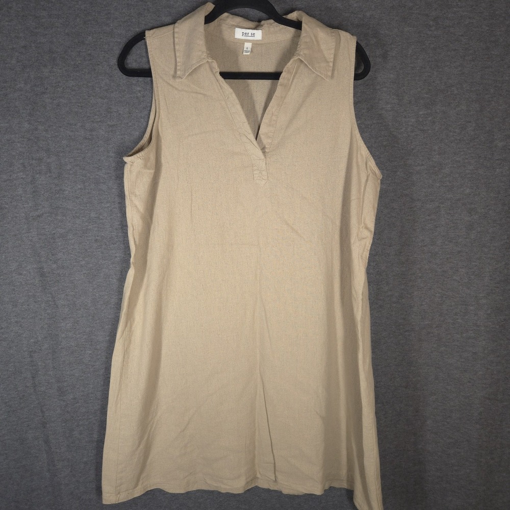 Per Se Linen Blend Sleeveless Tunic Top Womens Large Beige Collared V Neck Beach